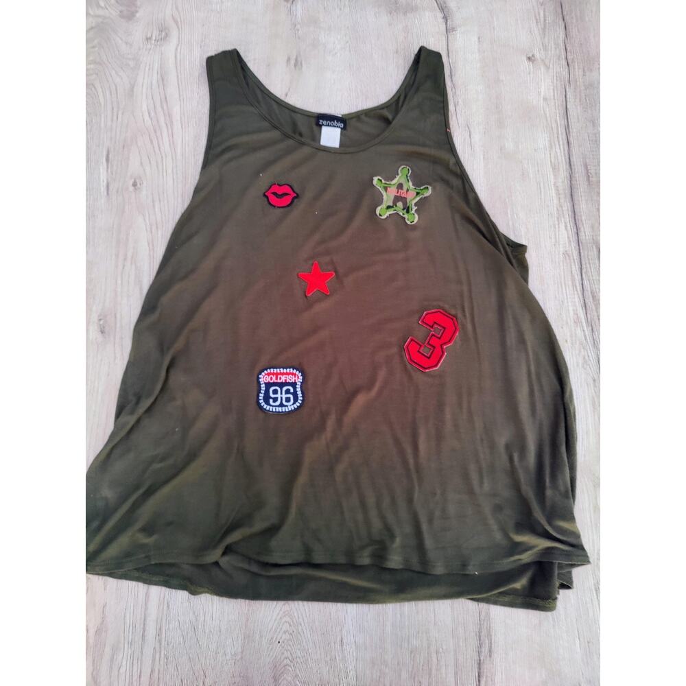 Y2K Zenobia Top Womens McBling Tank Large‎ Green Scoop Neck Patches Indie Sleeze